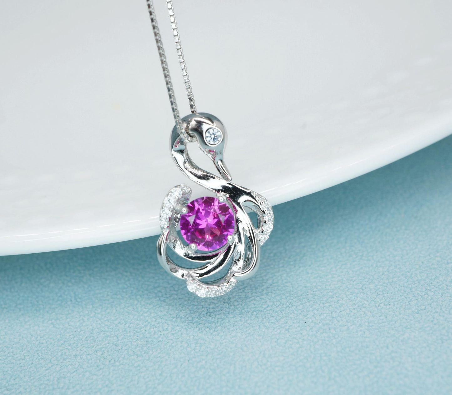 Pink Sapphire Swan Necklace, Animal Bird Pink Sapphire Jewelry - 18k White Gold @ Sterling Silver chain #1011