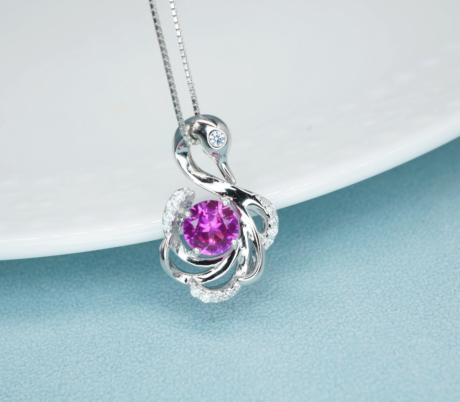 Pink Sapphire Swan Necklace, Animal Bird Pink Sapphire Jewelry - 18k White Gold @ Sterling Silver chain #1011