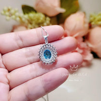 Double Gemstone Halo Paraiba Tourmaline Necklace - 18KGP @ Sterling Silver - 2.8 CT Oval Cut - Large Blue Tourmaline Jewelry #571