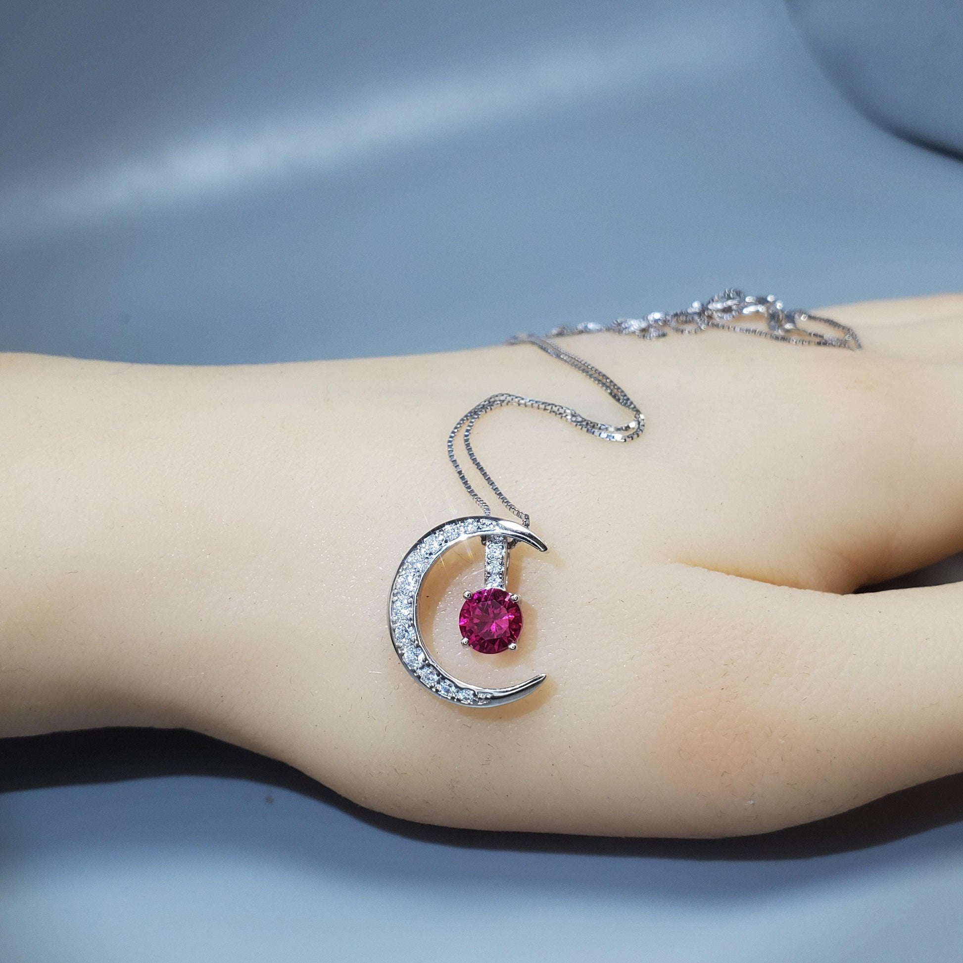 Crescent Moon Ruby Necklace full 925 Sterling Silver Two Pendant One Necklace July Birthstone chain #226
