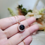 Black Onyx Necklace Rose Gold, Halo Solitaire Black Gemstone Pendant Sunflower Princess Diana Style Necklace Root Chakra Healing 236