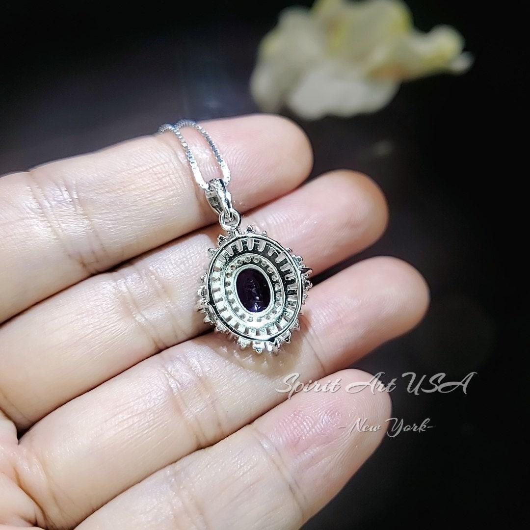 Sim Gemstone Genuine Amethyst Necklace - 18KGP @ Sterling Silver Halo 1.5 Ct Natural Purple Amethyst Pendant February Bridal #620