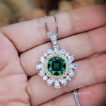 Large Square Emerald Necklace Gemstone Halo Gold Square 7 CT 10 MM Green Emerald Pendant Sterling Silver White Gold plated #809