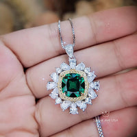 Large Square Emerald Necklace Gemstone Halo Gold Square 7 CT 10 MM Green Emerald Pendant Sterling Silver White Gold plated #809