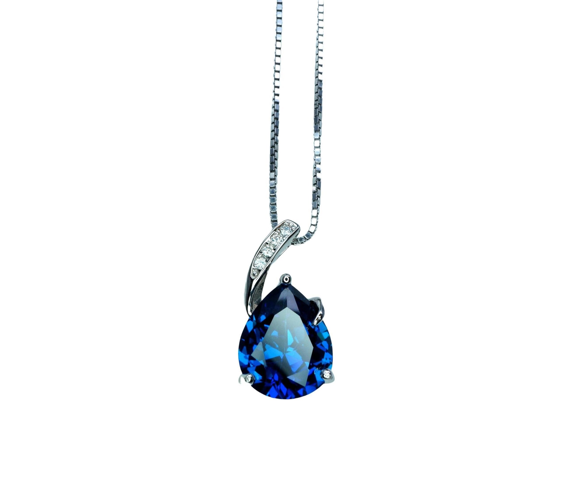 Teardrop Blue Sapphire Necklace - Solitaire Pear Cut 3.5CT - 18KGP @ Sterling Silver - Simple Large Blue Sapphire Pendant #925