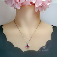 Gemstone Square Ruby Necklace White Gold coated Sterling Silver Tiny Lab Created Energic 1.5 CT Red Ruby Pendant Royal Square Jewelry #169