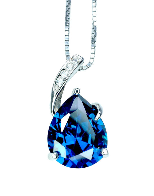 Teardrop Blue Sapphire Necklace - Solitaire Pear Cut 3.5CT - 18KGP @ Sterling Silver - Simple Large Blue Sapphire Pendant #925