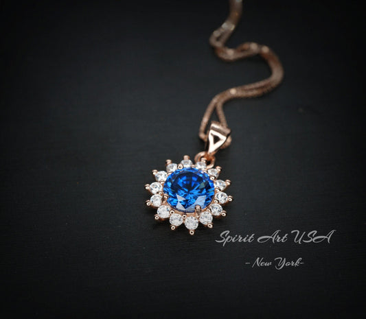 Tiny Rose Gold Blue Sapphire Necklace - Gemstone Sterling Silver - Sunflower 6mm 0.85 CT Blue Gemstone September Birthstone 027