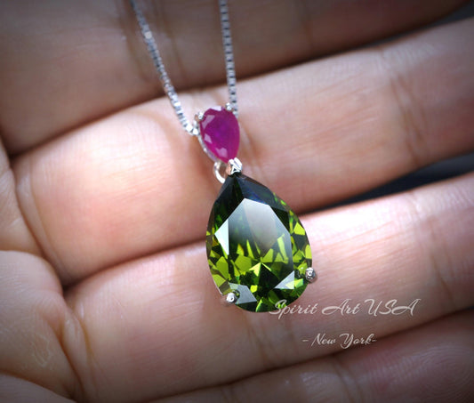 Teardrop Peridot Necklace - Tiny Ruby Teardrop Cut August Birthstone Jewelry - Large 5 Ct Lab Created Green Peridot Pendant #718