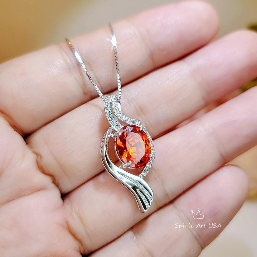 Large Sunstone Necklace , Gemstone Sterling Silver Wave Sun Stone Orange Gemstone Pendant White Gold coated - Orange Sapphire Necklace #567
