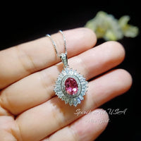 Pink Tourmaline Necklace - Gemstone Halo Tourmaline Pendant - White Gold coated Sterling Silver - 1.5Ct Oval Cut Pink #1012