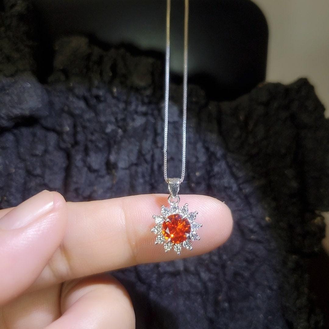 Tiny Sunstone Necklace - Sterling Silver Tangerine Sapphire Red Orange Spessartite Garnet Necklace - Princess Diana Style Sunflower 013