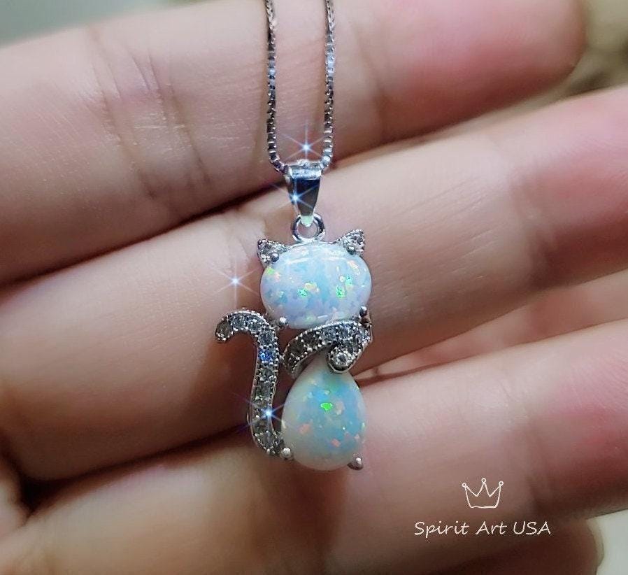 Cat Opal necklace - Gemstone Kitty Cat Opal Pendant 18KGP @ Sterling Silver - Pet Cat lover gift Kitten Jewelry #210