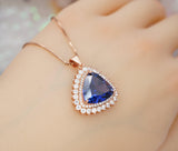 Trillion Tanzanite Necklace - Triangle Halo 10 ct Lab Created Tanzanite Pendant - Rose Gold Sterling Silver Large December Birthstone #728