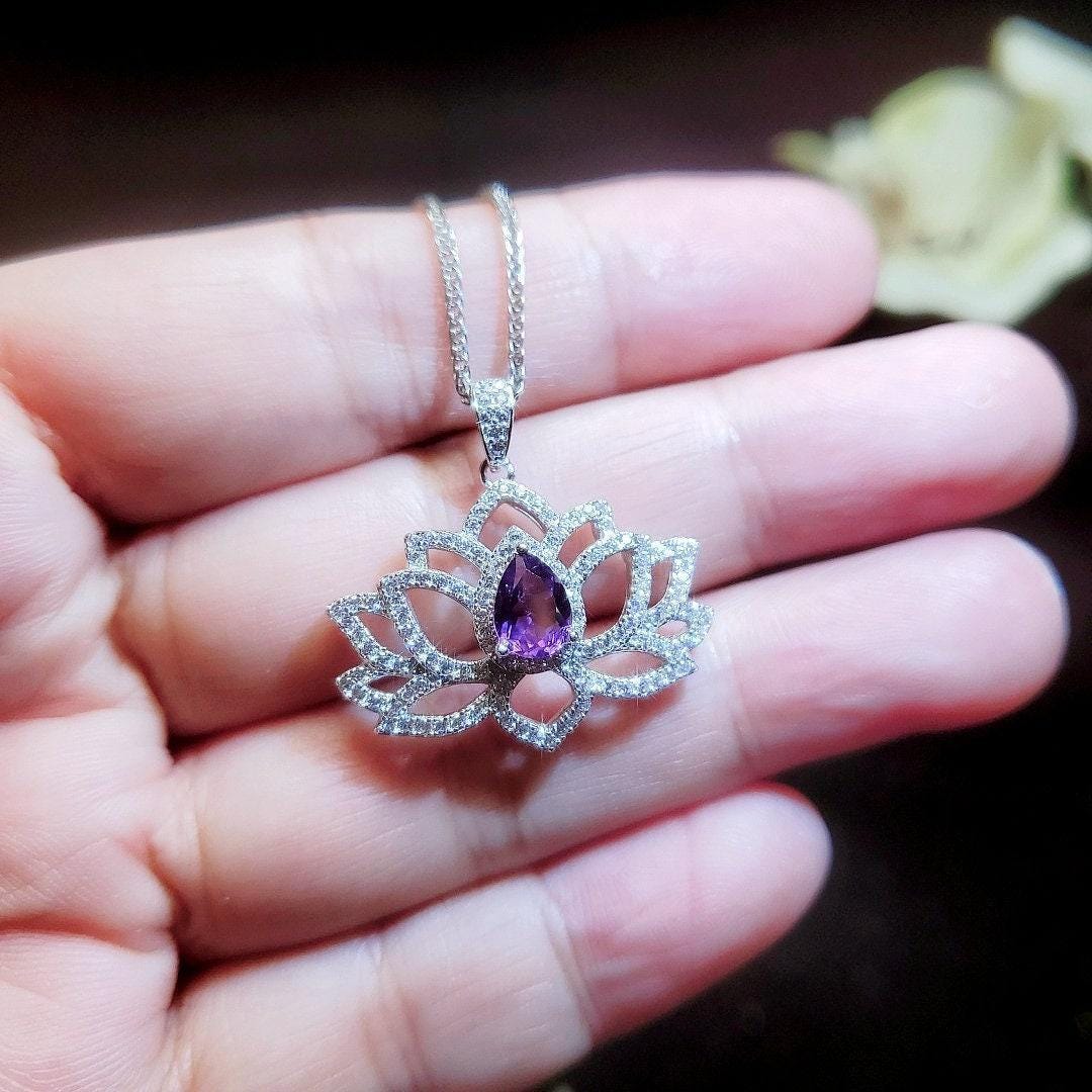 Lotus Style Genuine Amethyst Necklace Gemstone Water lily Pendant 18KGP @ Sterling Silver February Birthstone - Amethyst Jewelry #697
