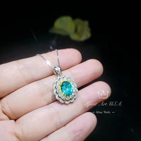 Green Paraiba Tourmaline Necklace - Double Halo Wave Circle - White Gold coated Sterling Silver - Oval 2 Ct Paraiba Pendant #848