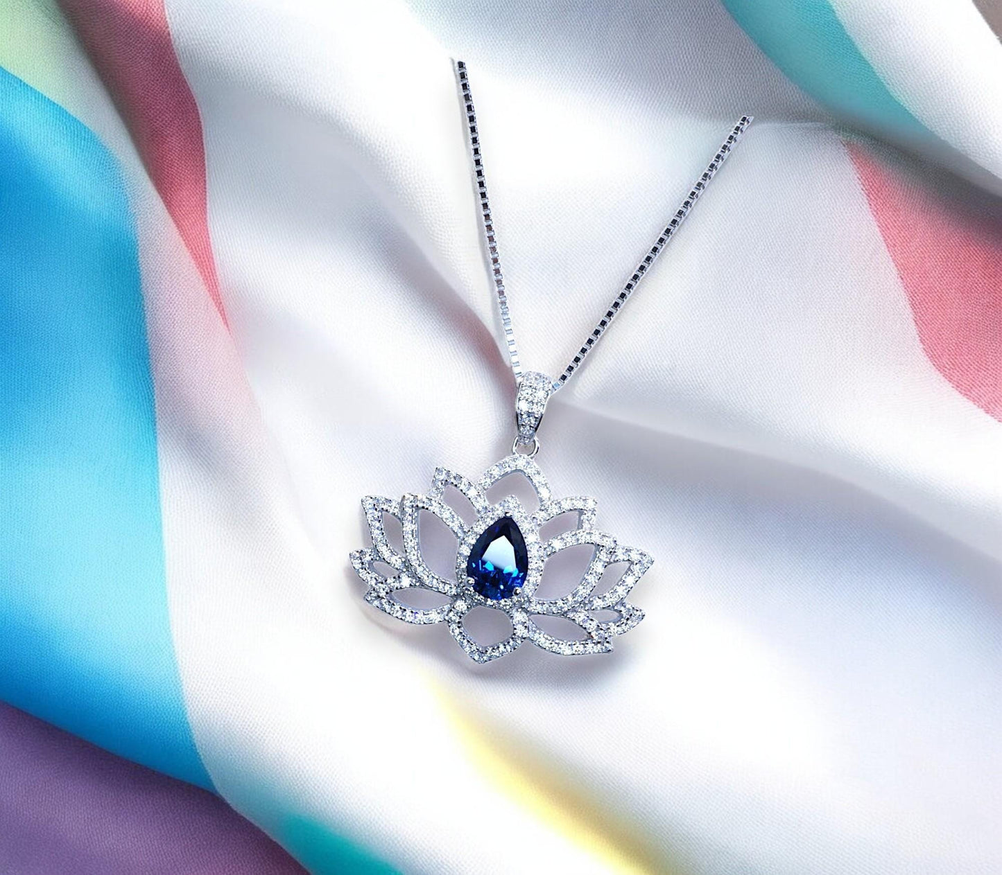 Blue Sapphire Necklace Lotus Flower Style Water lily Pendant 18KGP @ Sterling Silver Birthstone Jewelry #1017