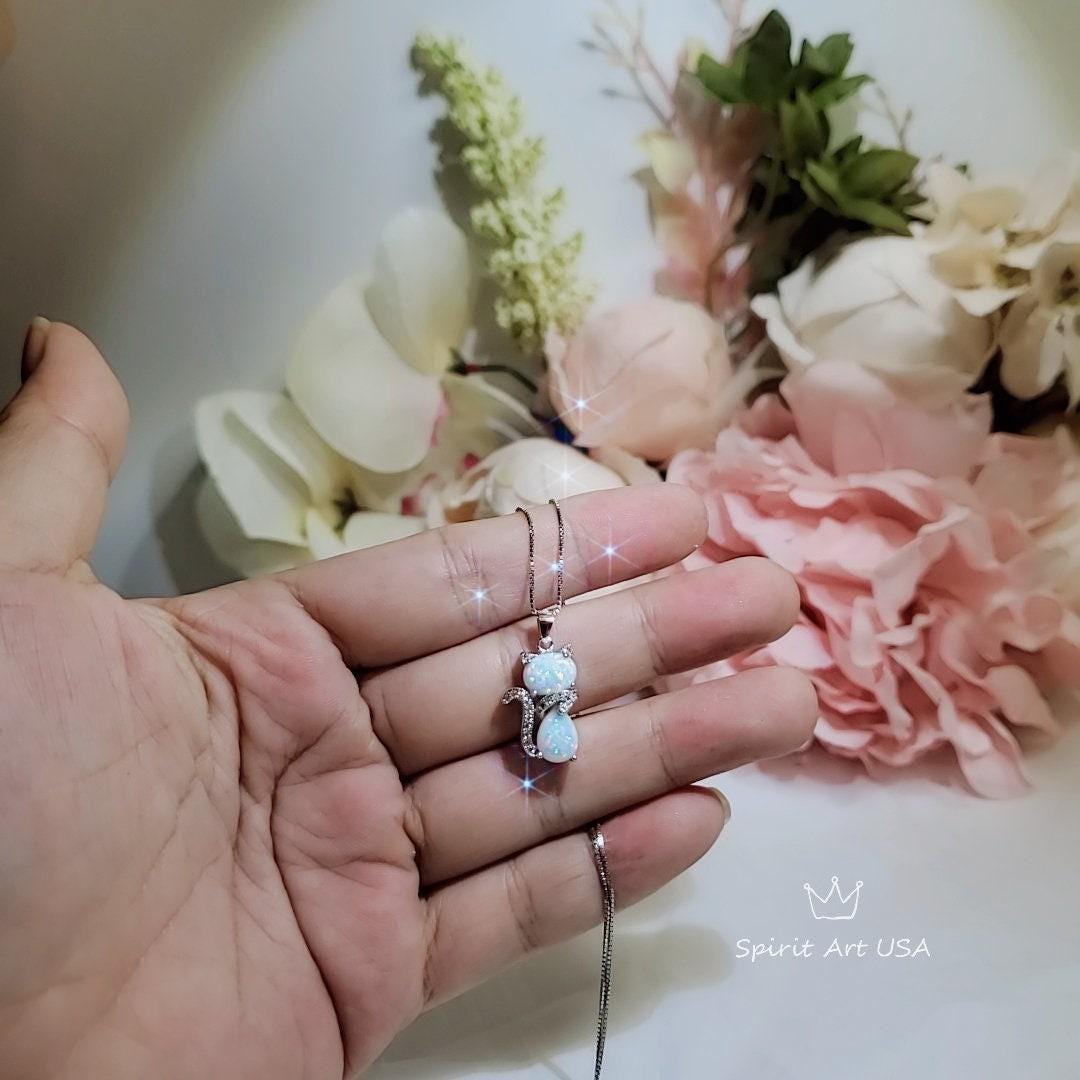 Cat Opal necklace - Gemstone Kitty Cat Opal Pendant 18KGP @ Sterling Silver - Pet Cat lover gift Kitten Jewelry #210