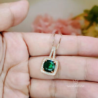 2 CT Emerald Necklace - Gemstone Square Halo Rose Gold plated Sterling Silver round cut emerald pendant #141