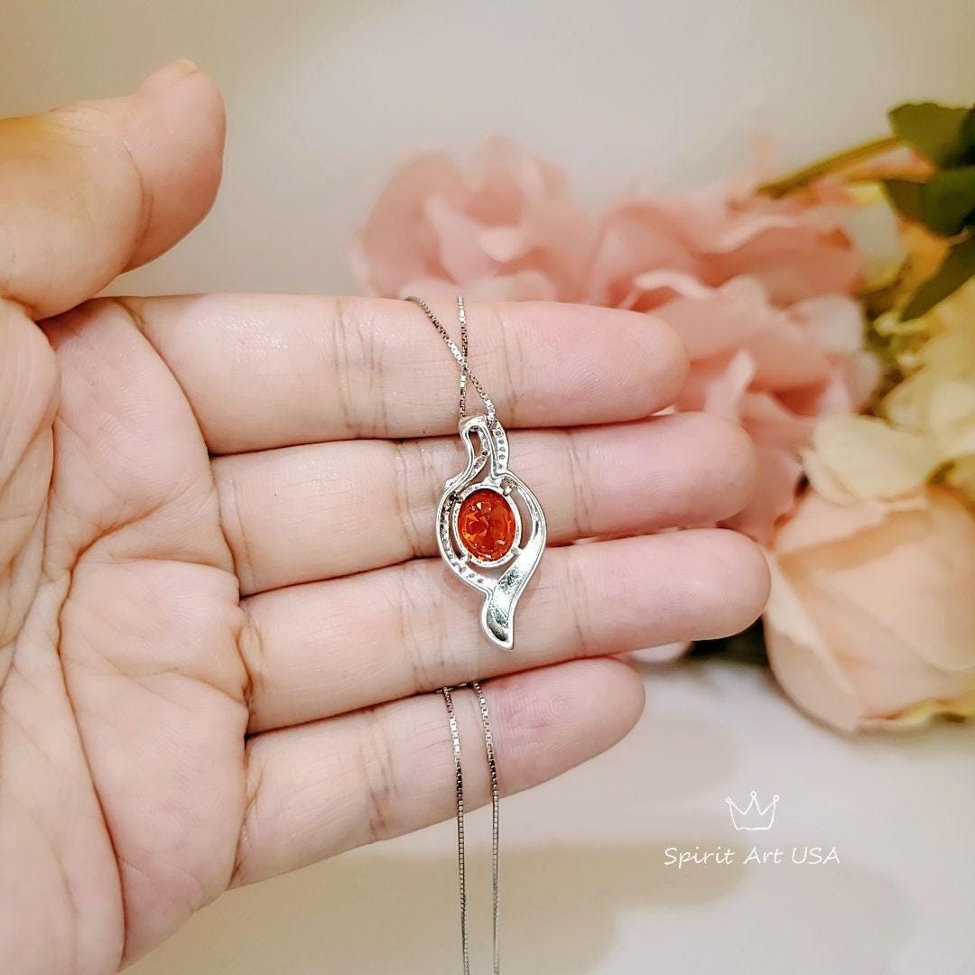 Large Sunstone Necklace , Gemstone Sterling Silver Wave Sun Stone Orange Gemstone Pendant White Gold coated - Orange Sapphire Necklace #567