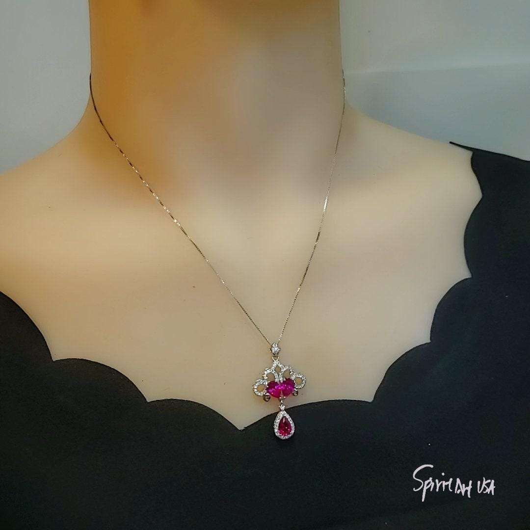 Peacock Flower Red Ruby Necklace 18KGP Sterling Silver Gemstone Tassel Red Ruby Pendant White Gold coated Bridal Wedding Jewelry #533