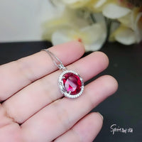 Large Oval Red Ruby Necklace - 5 CT White Gold Sterling Silver Gemstone Halo Red Ruby Pendant - July Birthstone - Ruby Jewelry #552