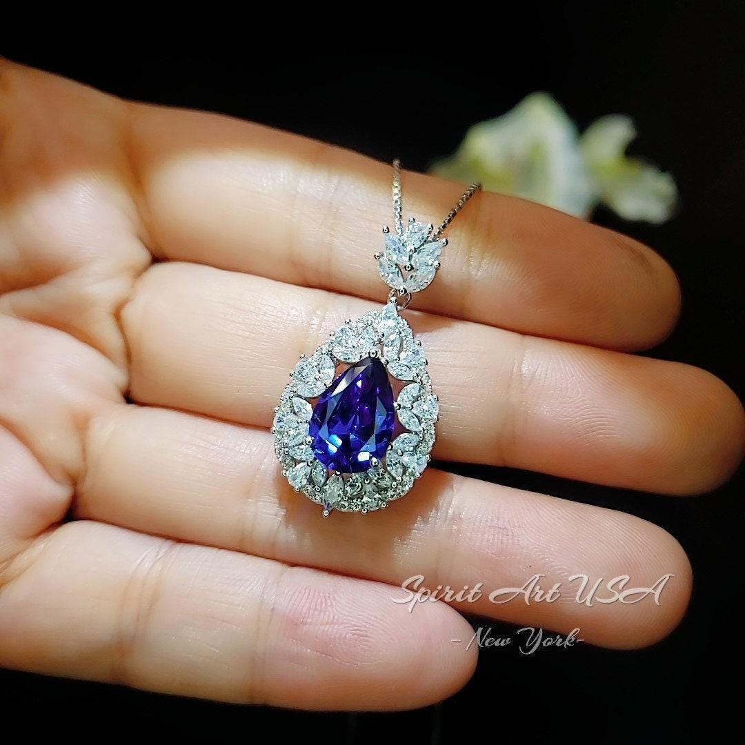 Teardrop Tanzanite Necklace - 18 k White Gold @ Sterling Silver - 3 CT Blue Tanzanite - Gemstone Flower December Birthstone #900