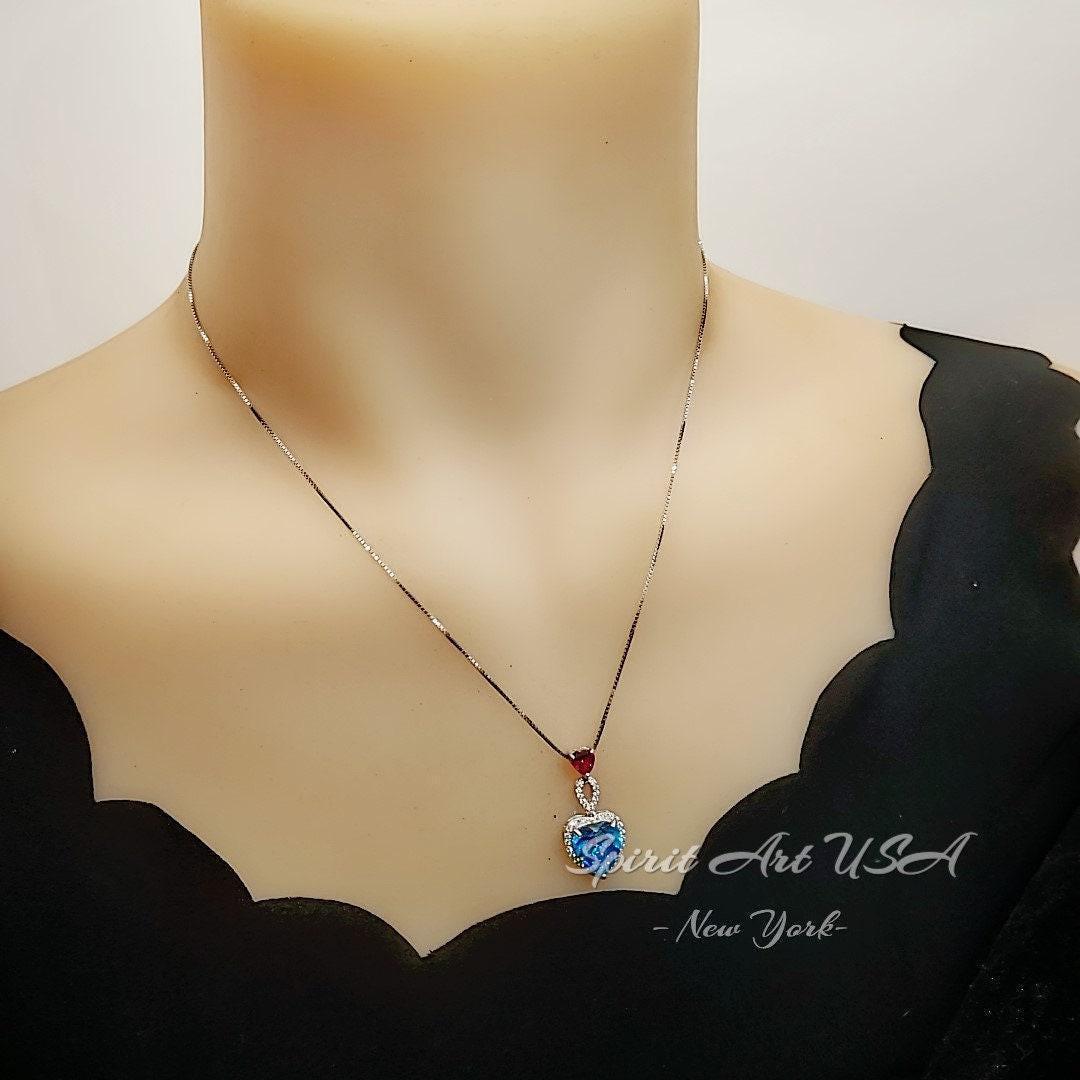 Double Heart Blue Topaz Necklace - 4 Ct Gemstone Halo Heart Connect Heart Necklace - November Birthstone - Blue Topaz Pendant #1123