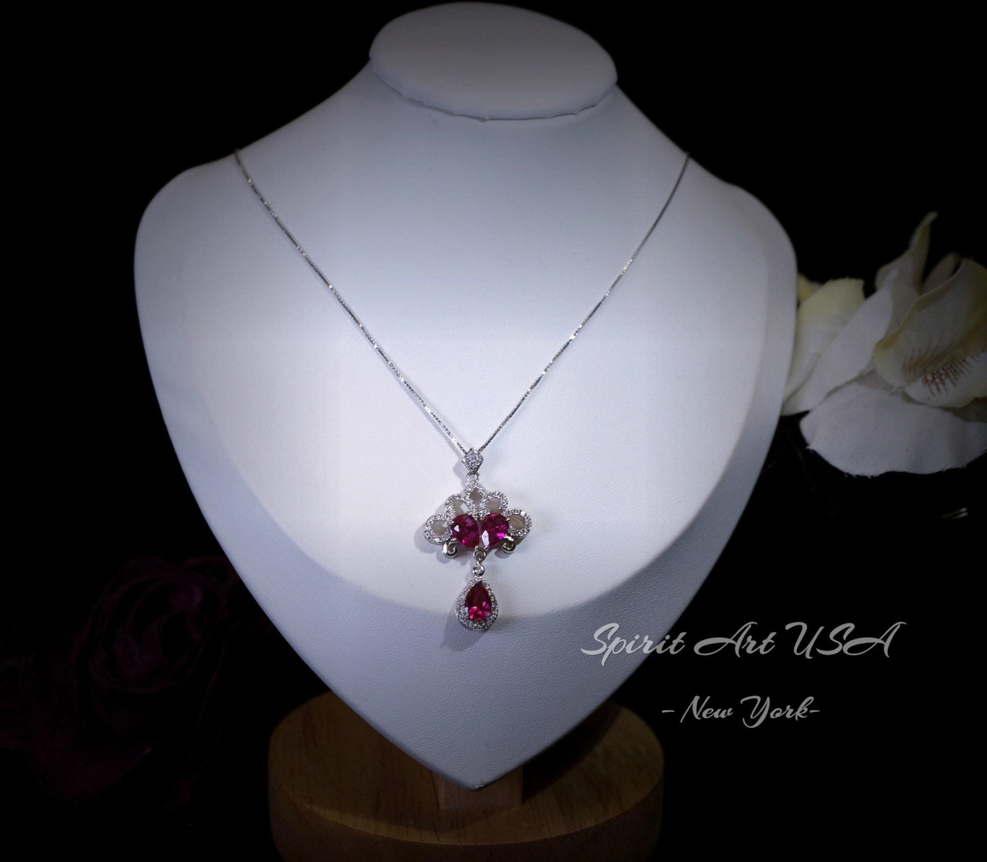 Peacock Flower Red Ruby Necklace 18KGP Sterling Silver Gemstone Tassel Red Ruby Pendant White Gold coated Bridal Wedding Jewelry #533