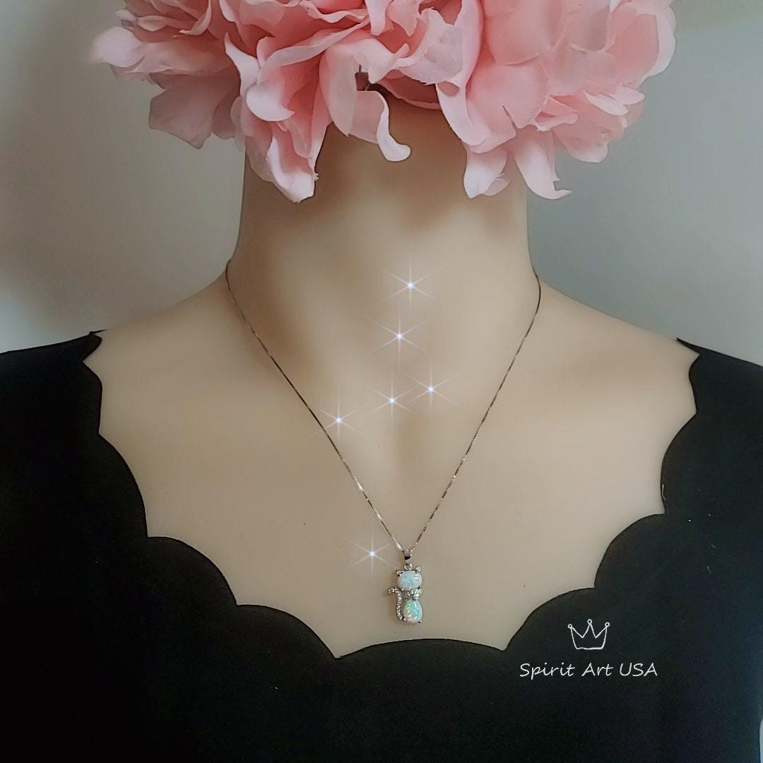 Cat Opal necklace - Gemstone Kitty Cat Opal Pendant 18KGP @ Sterling Silver - Pet Cat lover gift Kitten Jewelry #210