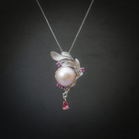 Pink Pearl Necklace Sterling Silver - Large 12mm Genuine Freshwater Pearl Leaf Leaves Ruby Feather Necklace 1100