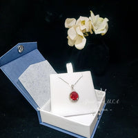 Large Oval Red Ruby Necklace - 5 CT White Gold Sterling Silver Gemstone Halo Red Ruby Pendant - July Birthstone - Ruby Jewelry #552