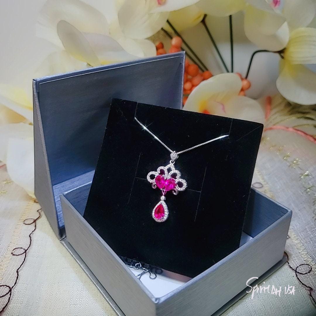 Peacock Flower Red Ruby Necklace 18KGP Sterling Silver Gemstone Tassel Red Ruby Pendant White Gold coated Bridal Wedding Jewelry #533