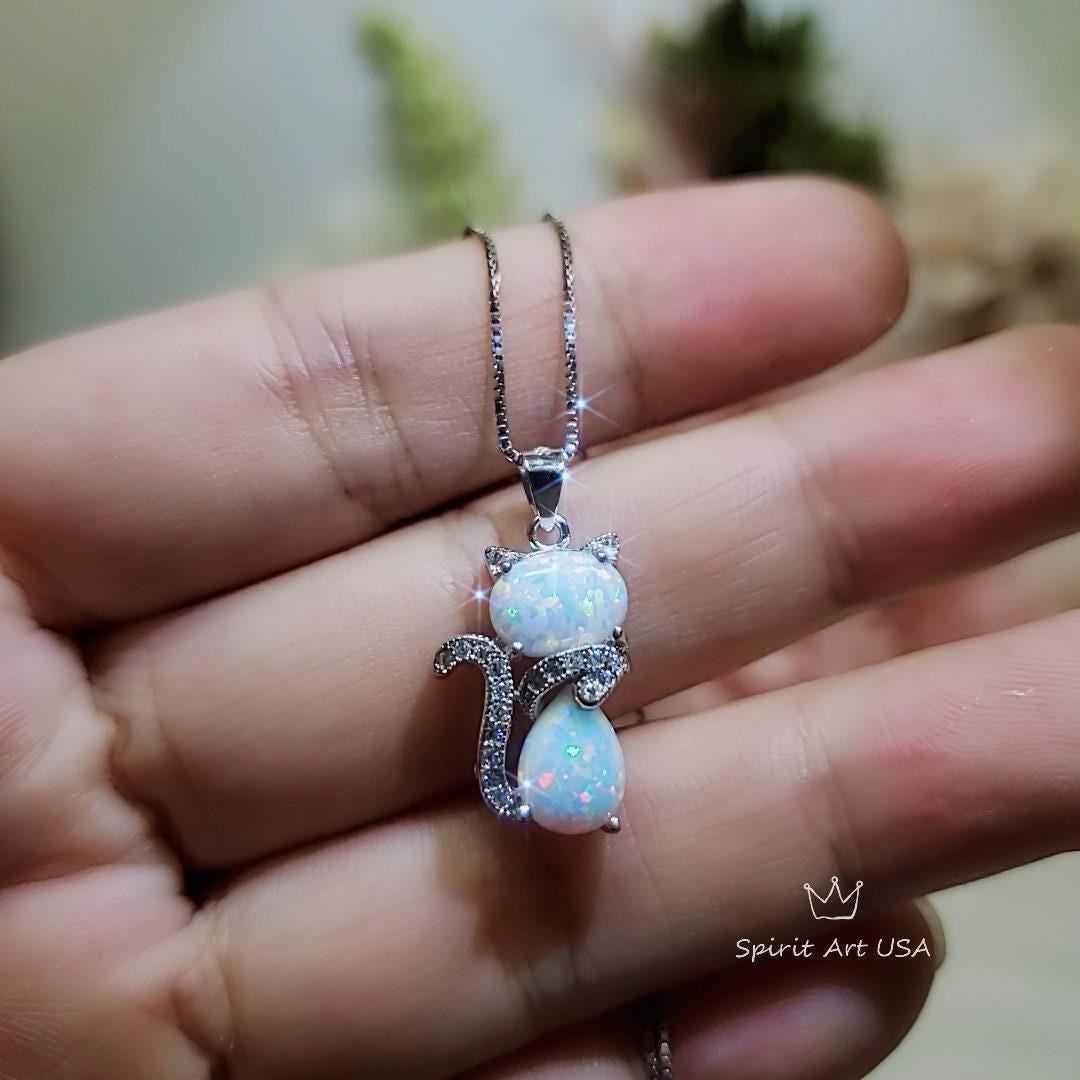 Cat Opal necklace - Gemstone Kitty Cat Opal Pendant 18KGP @ Sterling Silver - Pet Cat lover gift Kitten Jewelry #210