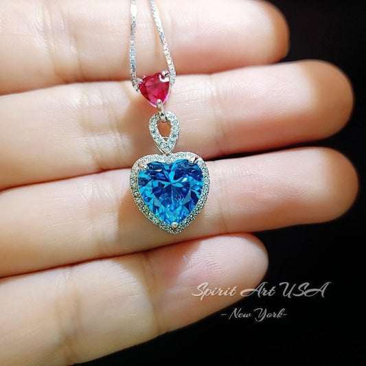 Double Heart Blue Topaz Necklace - 4 Ct Gemstone Halo Heart Connect Heart Necklace - November Birthstone - Blue Topaz Pendant #1123