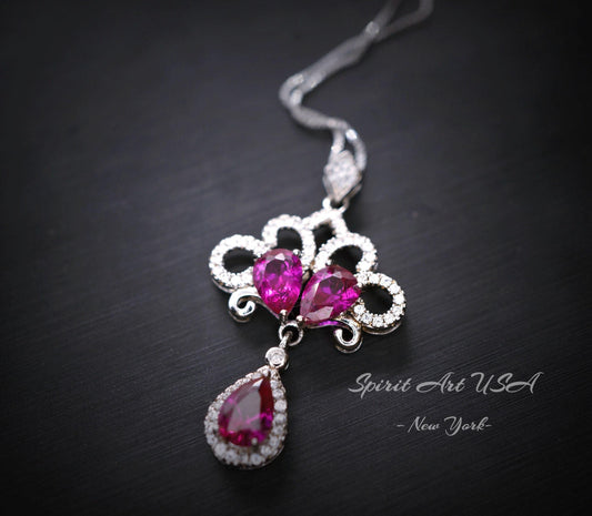 Peacock Flower Red Ruby Necklace 18KGP Sterling Silver Gemstone Tassel Red Ruby Pendant White Gold coated Bridal Wedding Jewelry #533