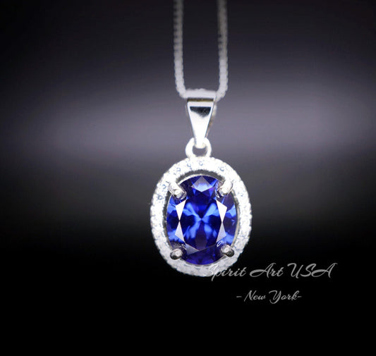 Oval Tanzanite Necklace - 2.5 CT 18k @ Sterling Silver - Halo Blue Gemstone Gemstone - December Birthstone - Lab Energic Tanzanite #325