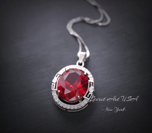 Large Oval Red Ruby Necklace - 5 CT White Gold Sterling Silver Gemstone Halo Red Ruby Pendant - July Birthstone - Ruby Jewelry #552