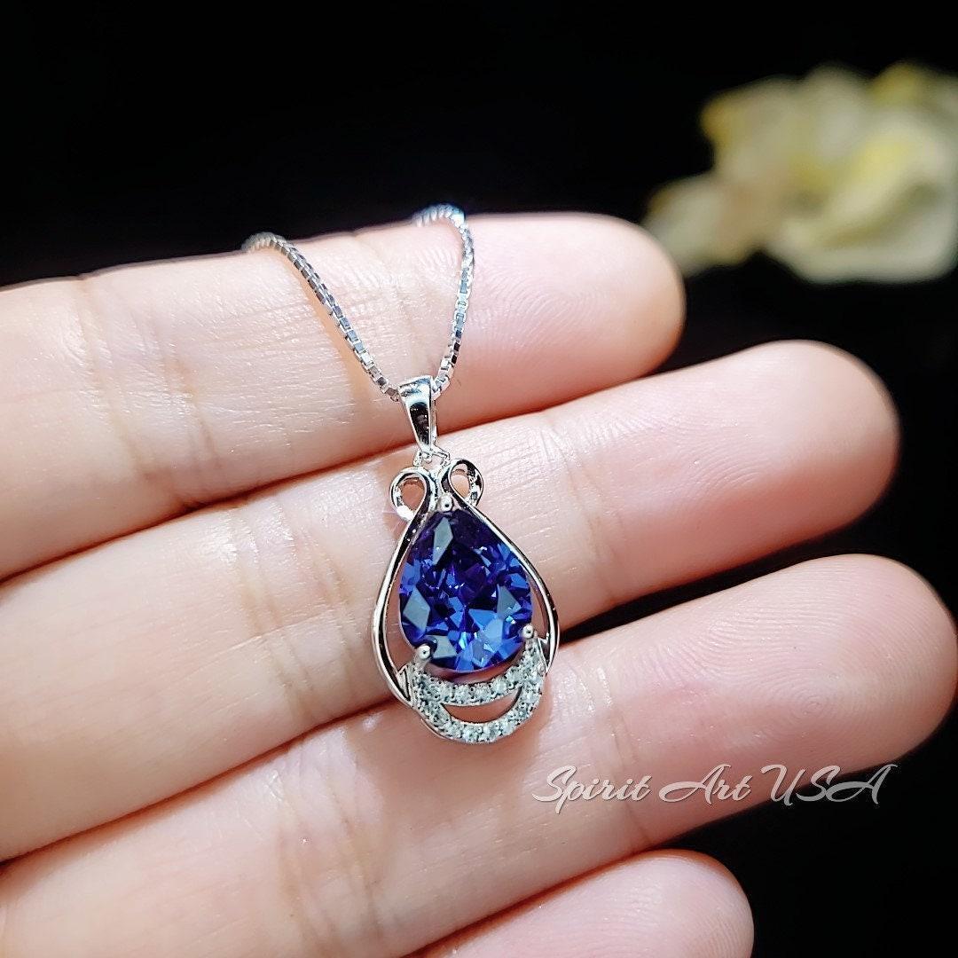 Teardrop Tanzanite Necklace - White gold coated Sterling Silver 2 CT Blue Tanzanite Jewelry #480