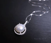 Large Freshwater Pearl Necklace - 925 Sterling Silver Bridal Pearl Necklace - Princess Diana Style Box Chain Halo White Pearl #208