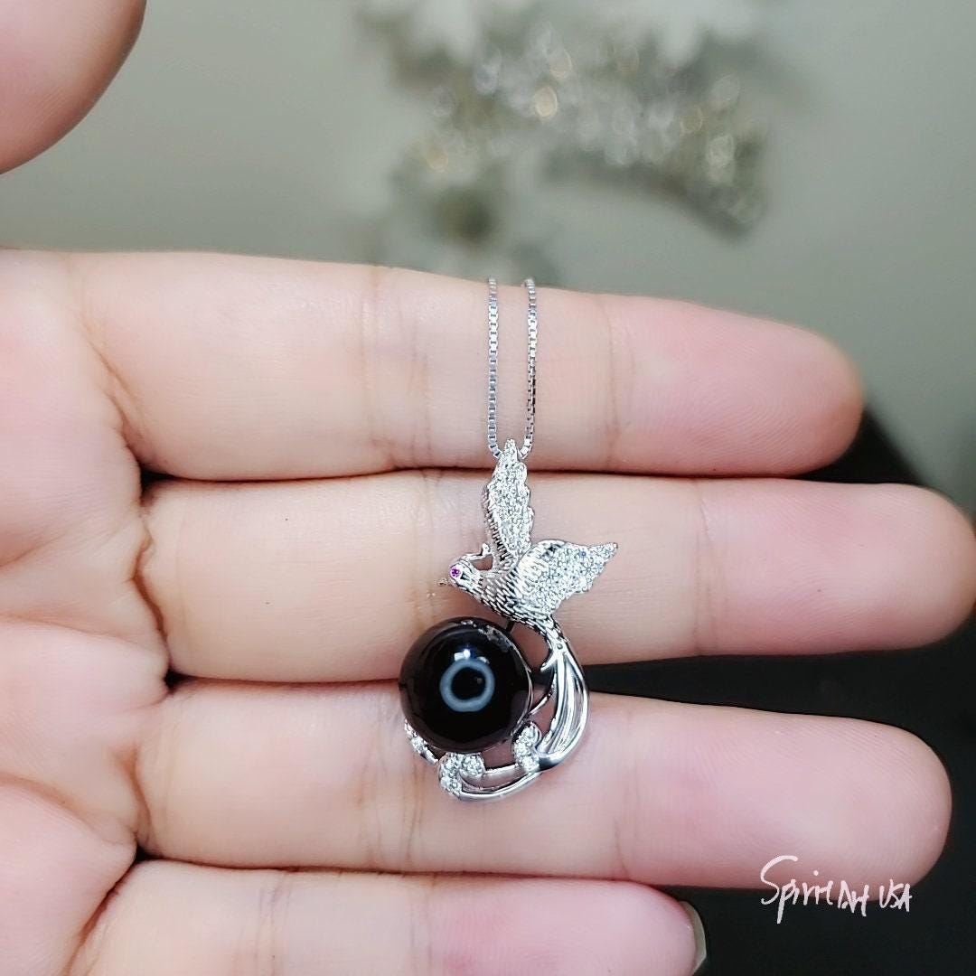 Black Onyx Phoenix Necklace - White Gold plated Sterling Silver - Gemstone Bird Black Gemstone Pendant #508