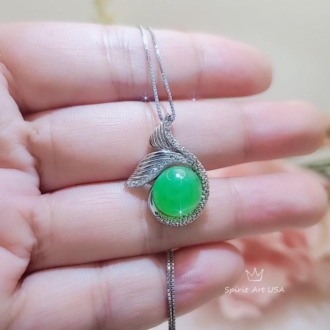 Green Jade Necklace Gemstone Mermaid Pendant White Gold plated Sterling Silver Fish Tail Natural Genuine Green Jade Jewelry #963