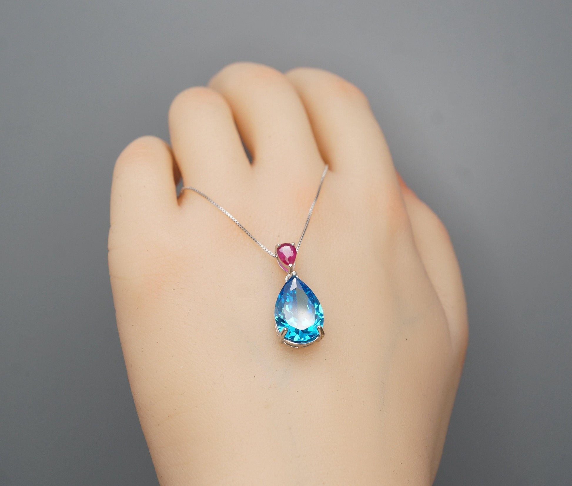 Teardrop Topaz Necklace Sterling Silver 6 CT 18K White Gold Plated Lab Created Swiss Blue Blue Topaz Pendant #782