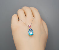 Teardrop Topaz Necklace Sterling Silver 6 CT 18K White Gold Plated Lab Created Swiss Blue Blue Topaz Pendant #782