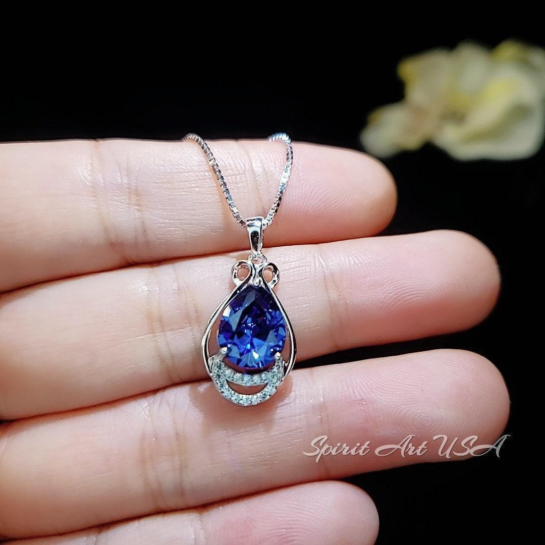 Teardrop Tanzanite Necklace - White gold coated Sterling Silver 2 CT Blue Tanzanite Jewelry #480