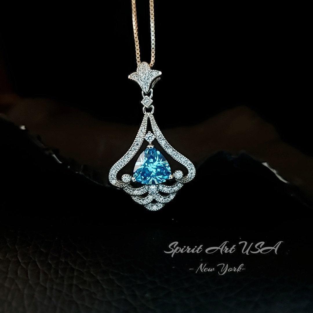 Mandolin flower Blue Aquamarine Necklace - 1.2 ct Trillion Cut Blue Aquamarine Pendant White Gold coated Sterling Silver Diamond Design #683