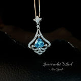 Mandolin flower Blue Aquamarine Necklace - 1.2 ct Trillion Cut Blue Aquamarine Pendant White Gold coated Sterling Silver Diamond Design #683