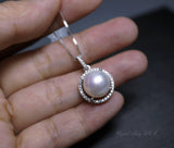 Large Freshwater Pearl Necklace - 925 Sterling Silver Bridal Pearl Necklace - Princess Diana Style Box Chain Halo White Pearl #208