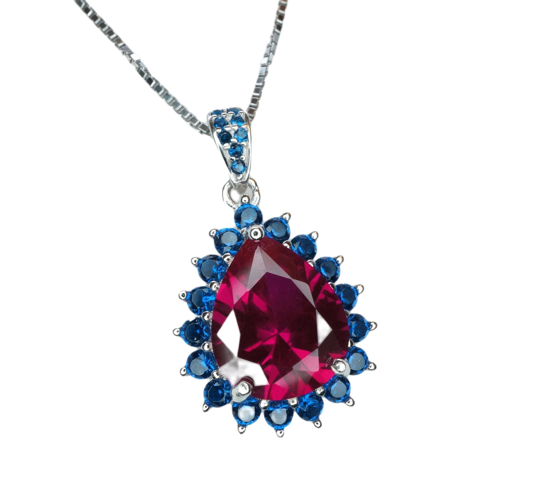 Luxury Teardrop Ruby Necklace - Blue Sapphire Halo Pear Cut 3.75 CT Large Ruby Pendant - 18KGP @ Sterling Silver #589