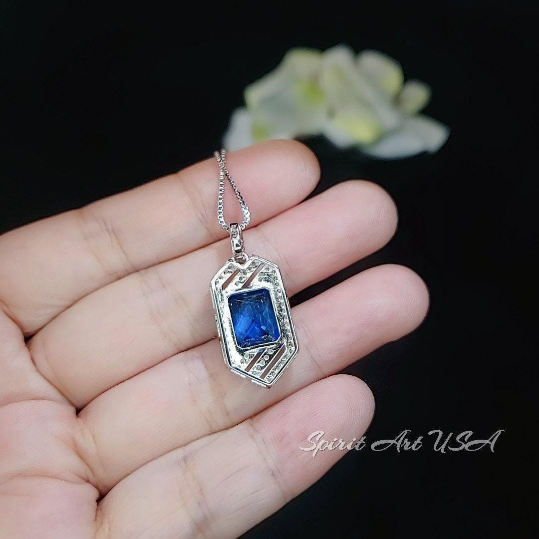 Spacecraft Style Blue Sapphire Necklace - Rectangle Scissor Cut 4.5 CT Deep Blue Sapphire Pendant - White Gold coated Sterling Silver #680